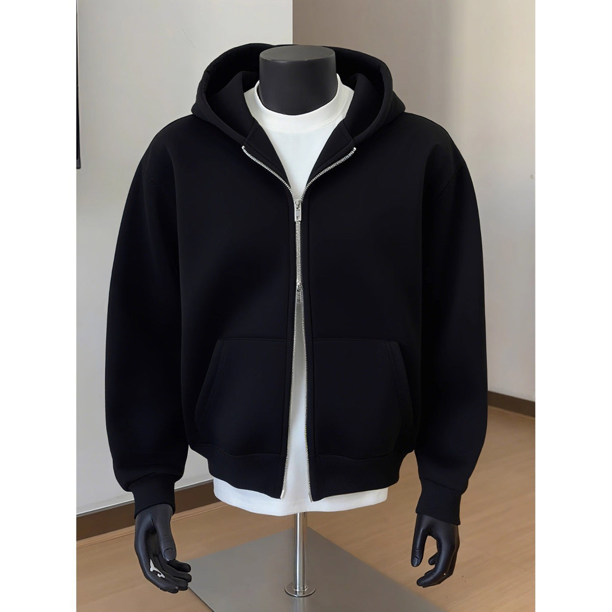 Men's Style Clean Fit Heavyweight Double Zipper Open Front Hoodie Jacket - Black