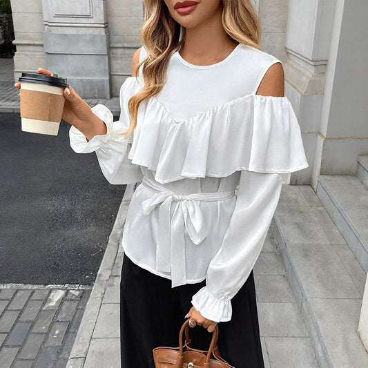 Long Sleeve Ruffle Off Shoulder Tie Round Neck Women's Shirt