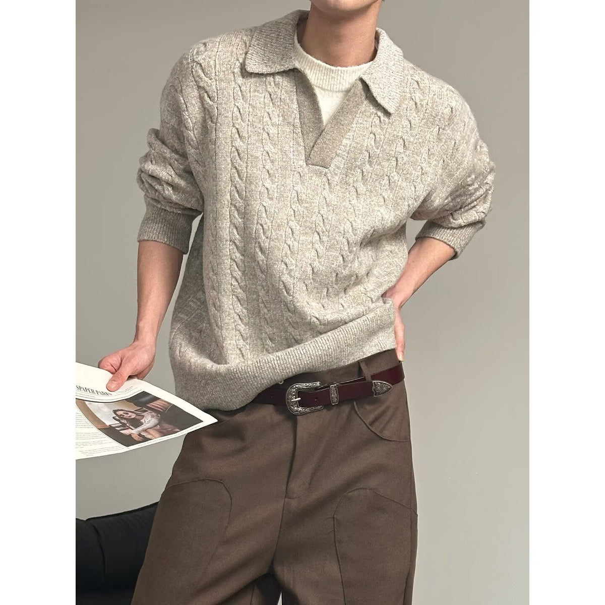 Men's Style Relaxed Fit Maillard Color Long Sleeve Turn-down Collar Pullover Knit Top