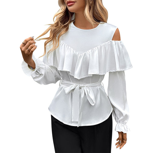 Long Sleeve Ruffle Off Shoulder Tie Round Neck Women's Shirt