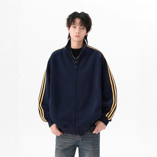 Three-Stripe Zip-up Hoodie Men's Trendy Brand Loose Casual Stand Collar Jacket Outerwear Heavyweight Couple Sport Top