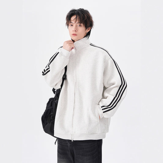 Three-Stripe Zip-up Hoodie Men's Trendy Brand Loose Casual Stand Collar Jacket Outerwear Heavyweight Couple Sport Top