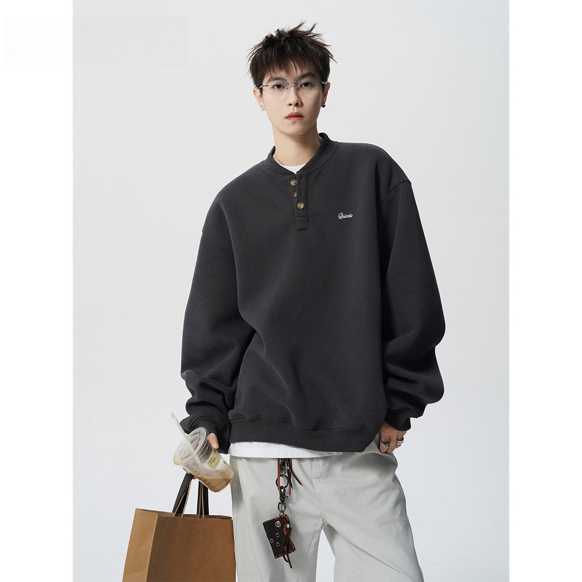 Dark gray Henry collar hoodie for men in spring and autumn