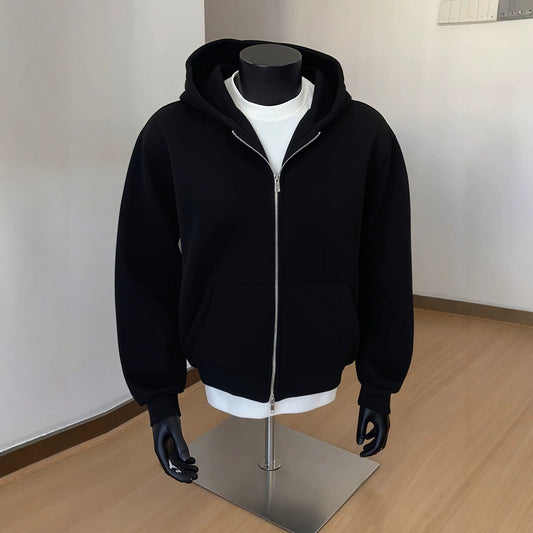Men's Style Clean Fit Heavyweight Double Zipper Open Front Hoodie Jacket - Black