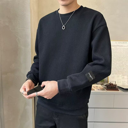 Men's Casual Relaxed Fit Long Sleeve Crew Neck Heavyweight Ribbed Striped Sweatshirt