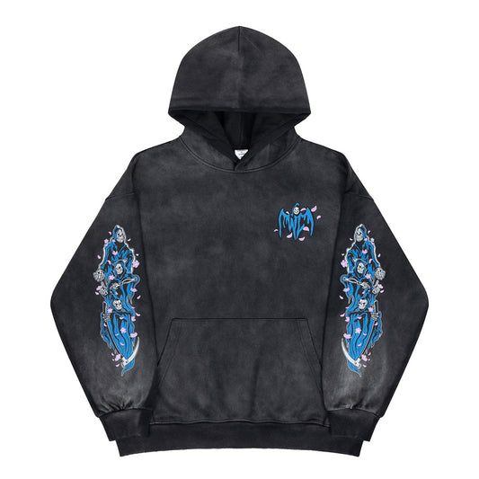 Washed Grim Reaper Print Fleece Hoodie for Men