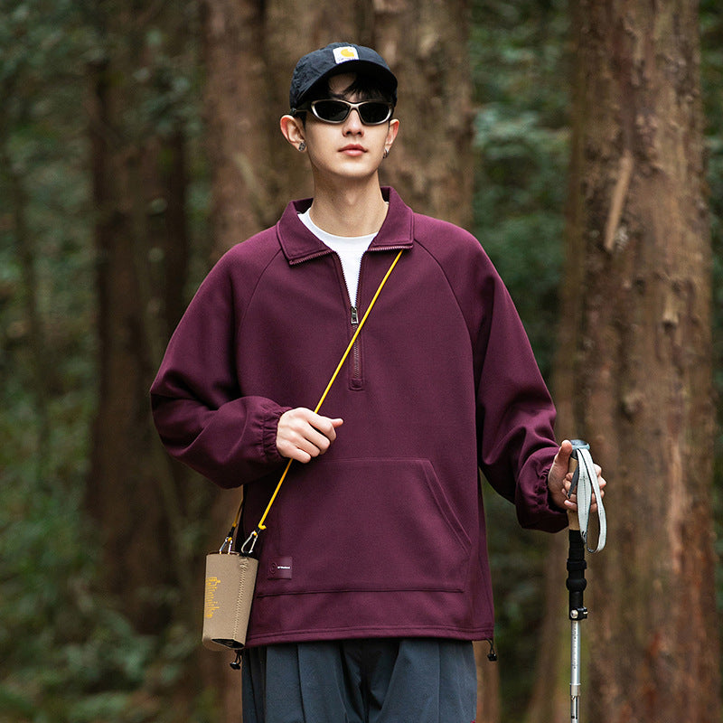 Stand up collar half zip hoodie for men outdoors