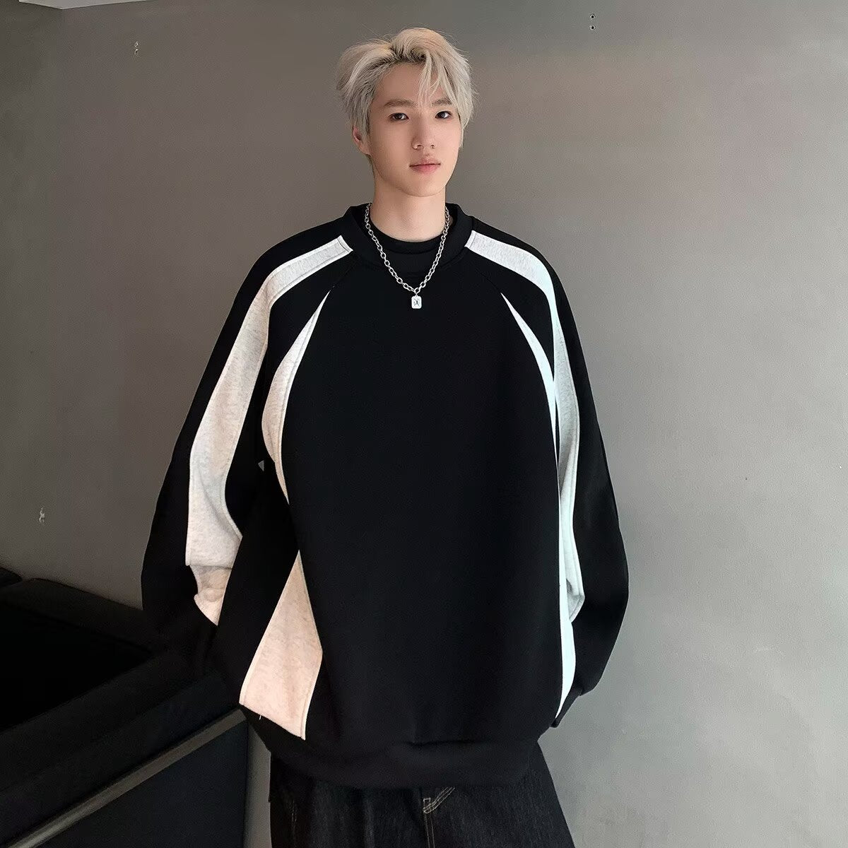 Style Striped Spliced Hoodie Men Casual Oversized Sweatshirt