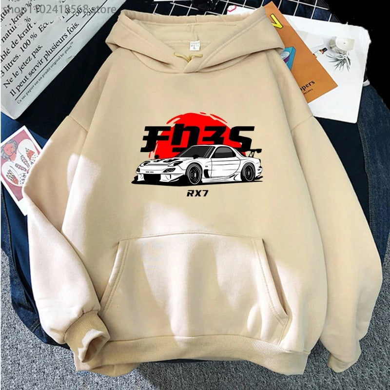 Blanc RX7  Car nd Printed Men Hoodie Casual Oversized