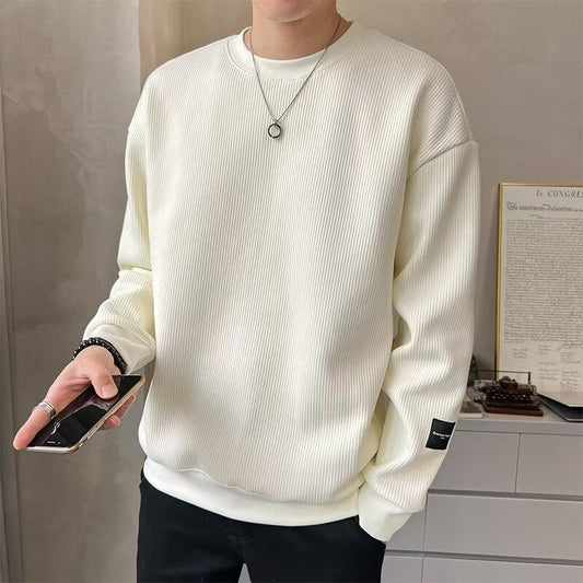 Men's Casual Relaxed Fit Long Sleeve Crew Neck Heavyweight Ribbed Striped Sweatshirt