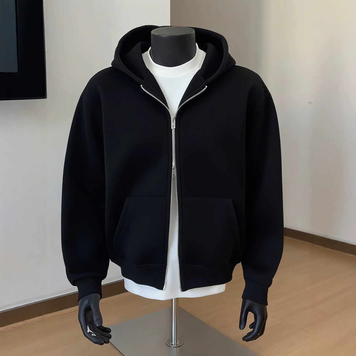Men's Style Clean Fit Heavyweight Double Zipper Open Front Hoodie Jacket - Black