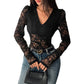 Lace Splicing Long Sleeve V-Neck Sheer Women's Bodysuit