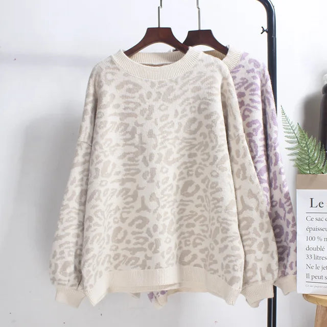 Women's Clothing Fashion Leopard Sweater Female Korean Oversized Tops Sueter  Knitted Casual Pullovers Pull Femme