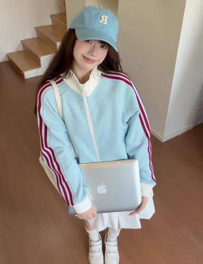 Three-Stripe Striped Stand Collar Zip-Up Hoodie Women's Casual Sporty Versatile Short Length Outerwear Top