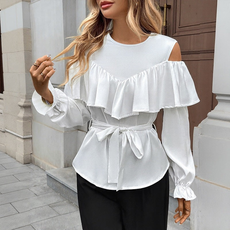 Long Sleeve Ruffle Off Shoulder Tie Round Neck Women's Shirt