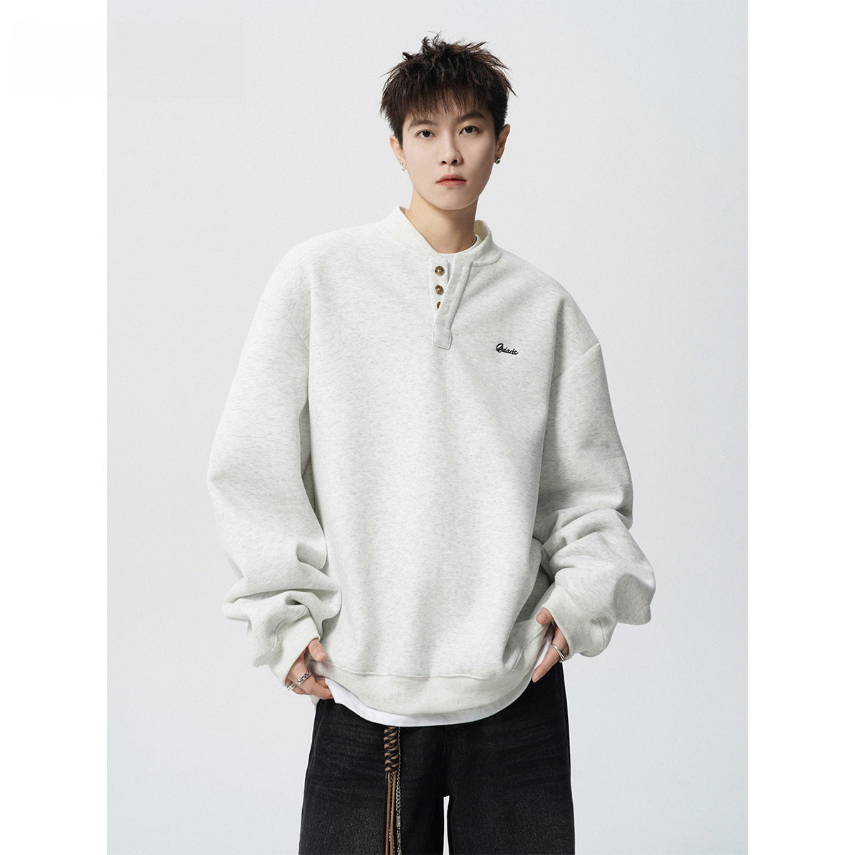 Dark gray Henry collar hoodie for men in spring and autumn