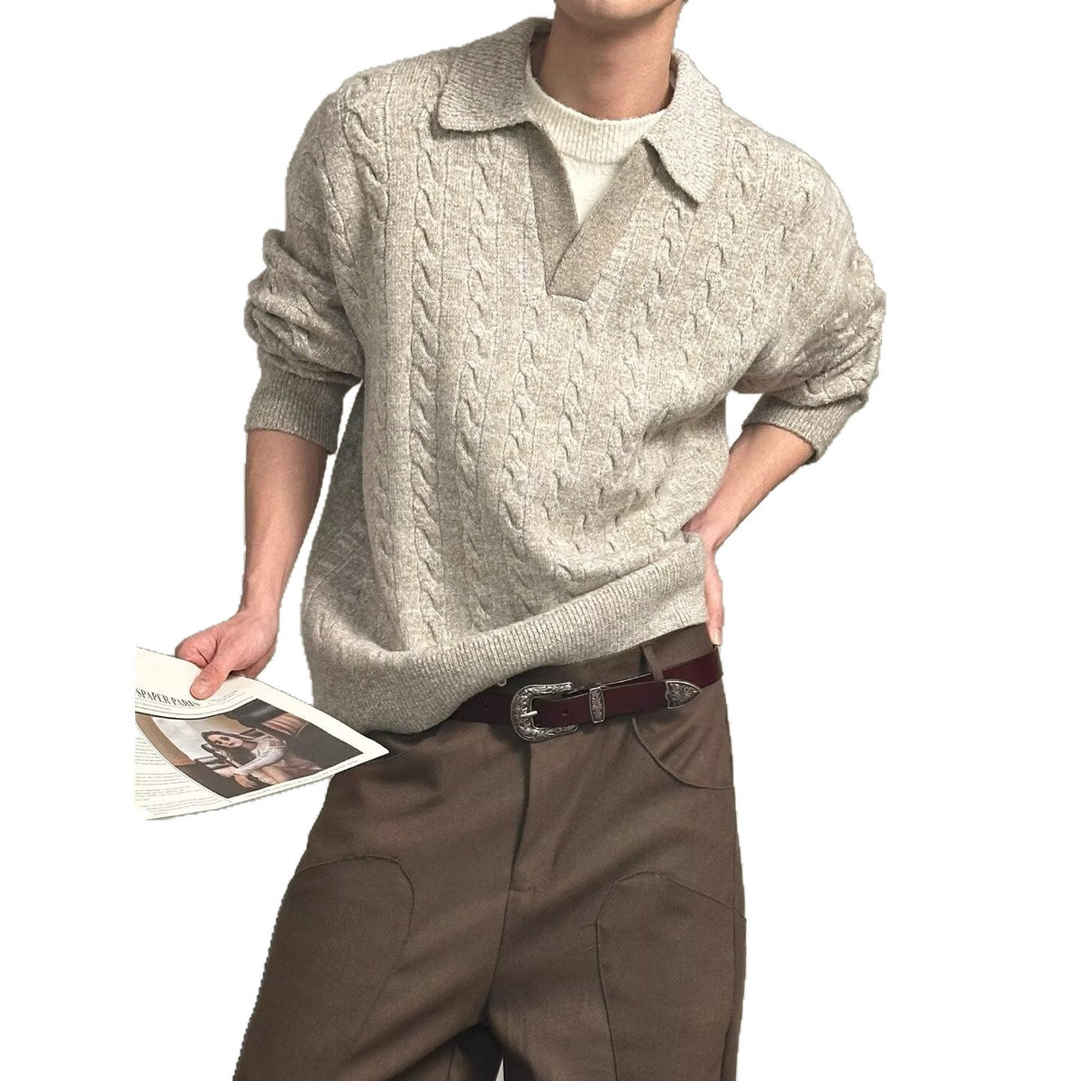 Men's Style Relaxed Fit Maillard Color Long Sleeve Turn-down Collar Pullover Knit Top