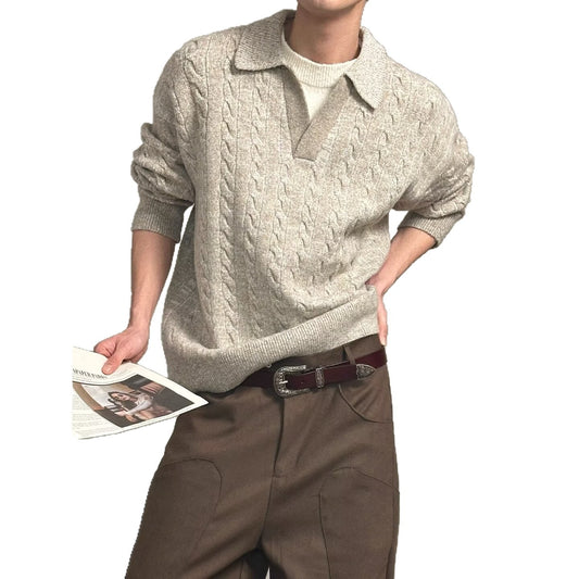 Men's Style Relaxed Fit Maillard Color Long Sleeve Turn-down Collar Pullover Knit Top
