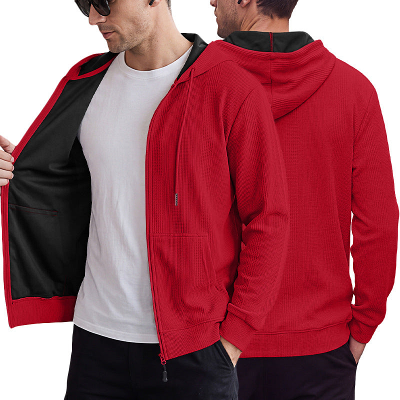 Men's Heavyweight Jacquard Waffle Hooded Loose Open Cardigan Sweatshirt