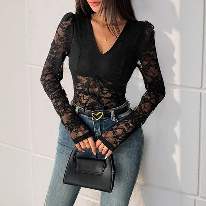 Lace Splicing Long Sleeve V-Neck Sheer Women's Bodysuit