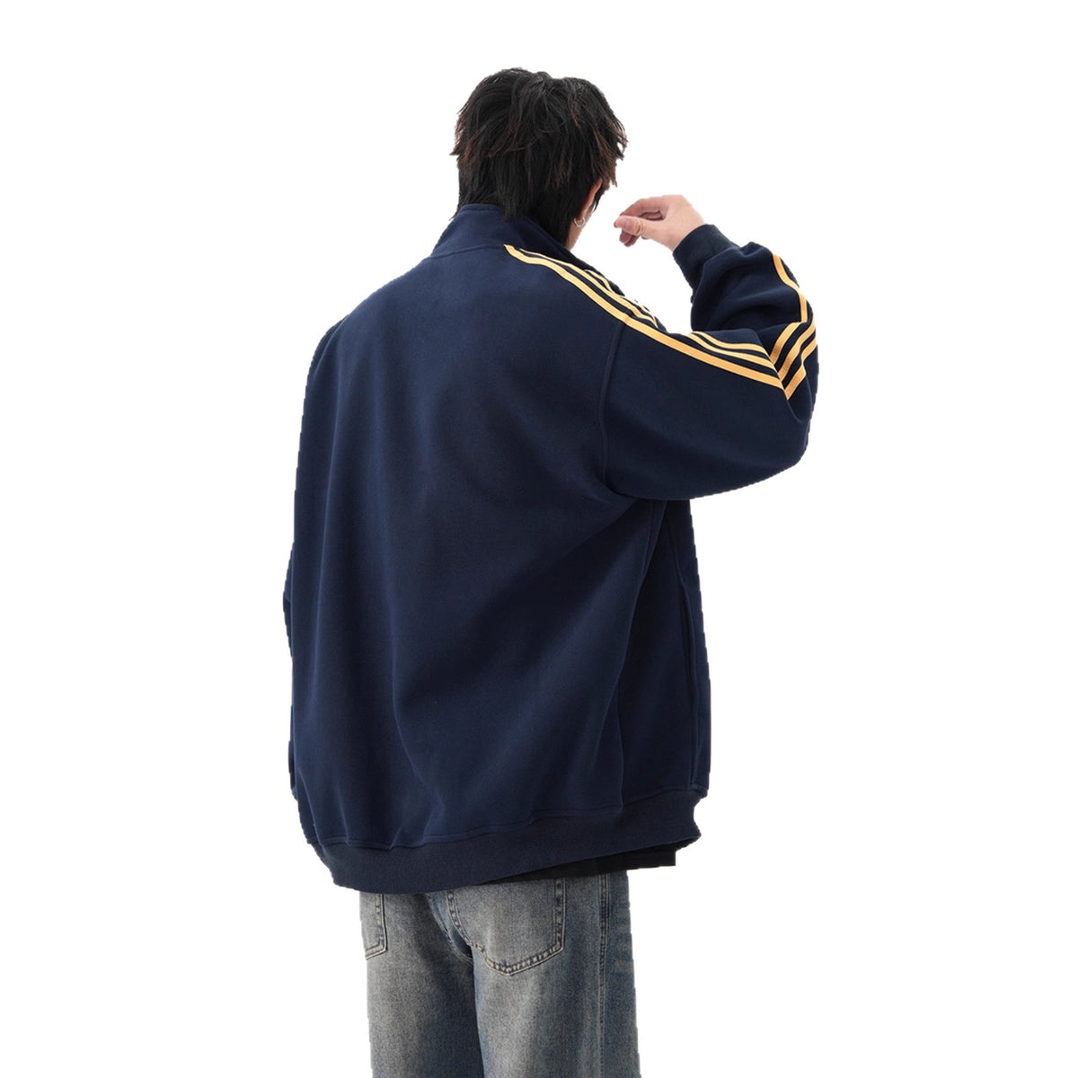 Three-Stripe Zip-up Hoodie Men's Trendy Brand Loose Casual Stand Collar Jacket Outerwear Heavyweight Couple Sport Top