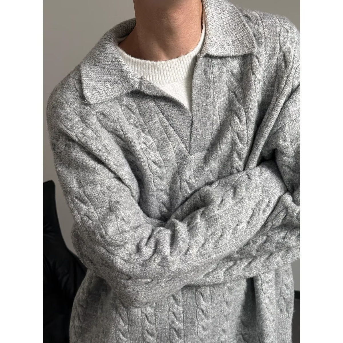 Men's Style Relaxed Fit Maillard Color Long Sleeve Turn-down Collar Pullover Knit Top