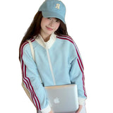 Three-Stripe Striped Stand Collar Zip-Up Hoodie Women's Casual Sporty Versatile Short Length Outerwear Top
