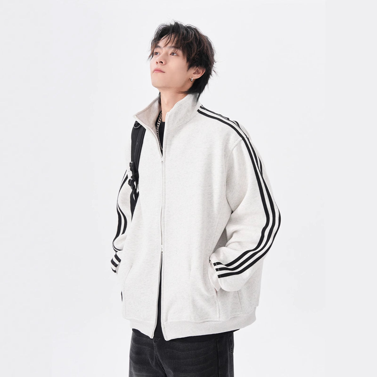 Three-Stripe Zip-up Hoodie Men's Trendy Brand Loose Casual Stand Collar Jacket Outerwear Heavyweight Couple Sport Top