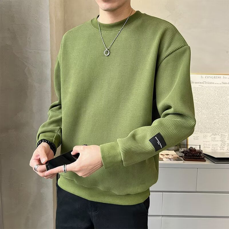 Men's Casual Relaxed Fit Long Sleeve Crew Neck Heavyweight Ribbed Striped Sweatshirt