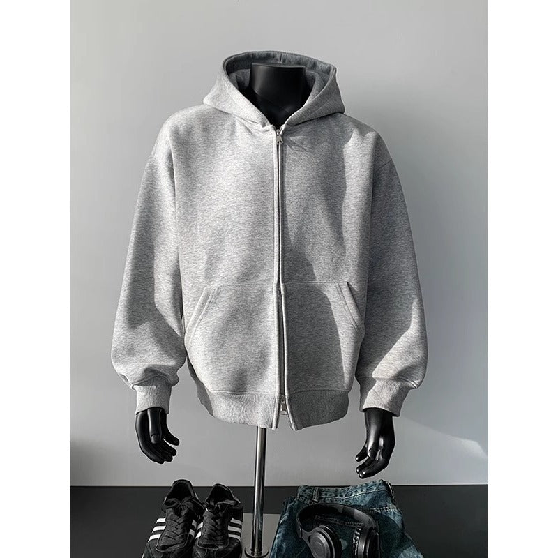 Men's Style Clean Fit Heavyweight Double Zipper Open Front Hoodie Jacket - Black