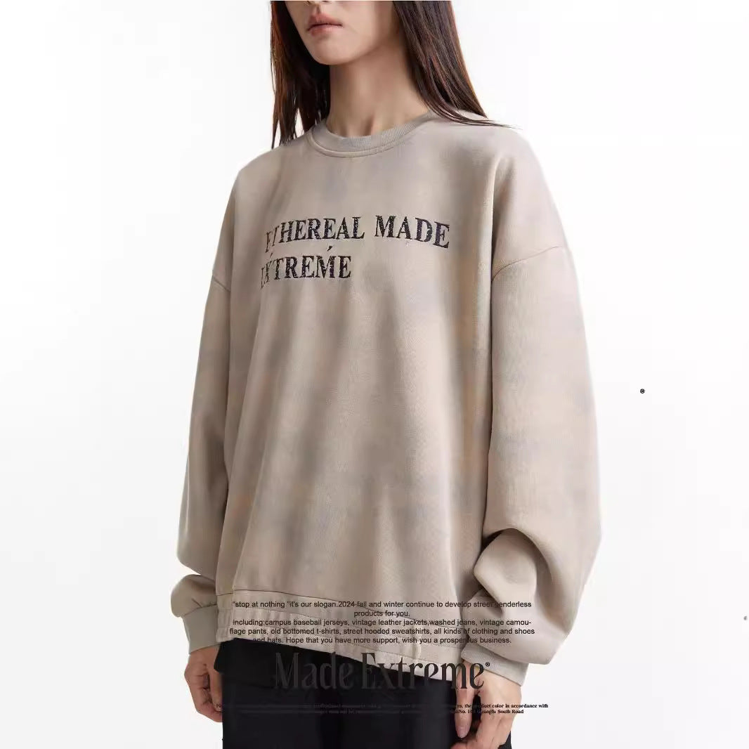 Washed Vintage Letter Patchwork Embroidered Autumn Winter Hoodie Top for Men