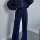 Baseball Collar Zip Up Top and Drawstring Paants Set