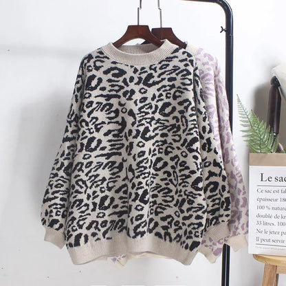 Women's Clothing Fashion Leopard Sweater Female Korean Oversized Tops Sueter  Knitted Casual Pullovers Pull Femme