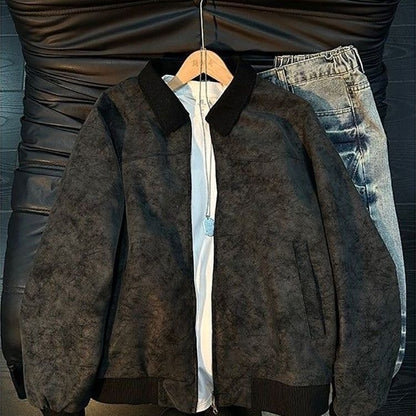 Style Tie-Dye PU Leather Jacket with Turn-Down Collar