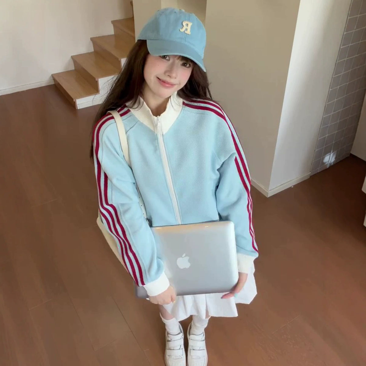 Three-Stripe Striped Stand Collar Zip-Up Hoodie Women's Casual Sporty Versatile Short Length Outerwear Top