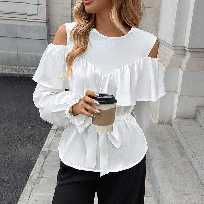Long Sleeve Ruffle Off Shoulder Tie Round Neck Women's Shirt