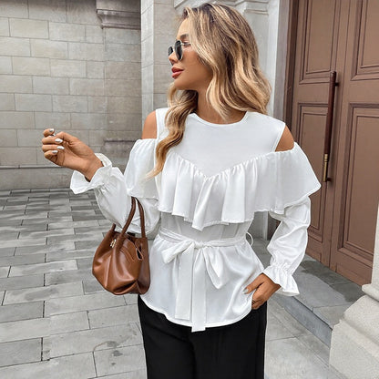 Long Sleeve Ruffle Off Shoulder Tie Round Neck Women's Shirt
