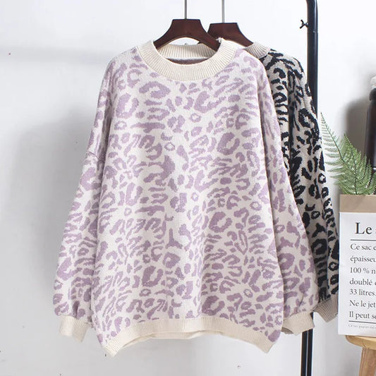Women's Clothing Fashion Leopard Sweater Female Korean Oversized Tops Sueter  Knitted Casual Pullovers Pull Femme