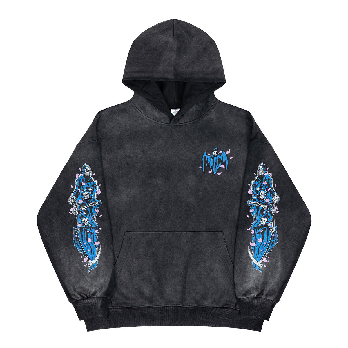 Washed Grim Reaper Print Fleece Hoodie for Men