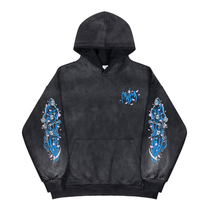 Washed Grim Reaper Print Fleece Hoodie for Men