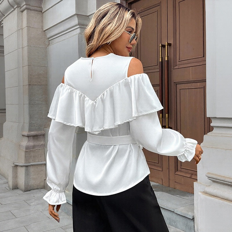 Long Sleeve Ruffle Off Shoulder Tie Round Neck Women's Shirt
