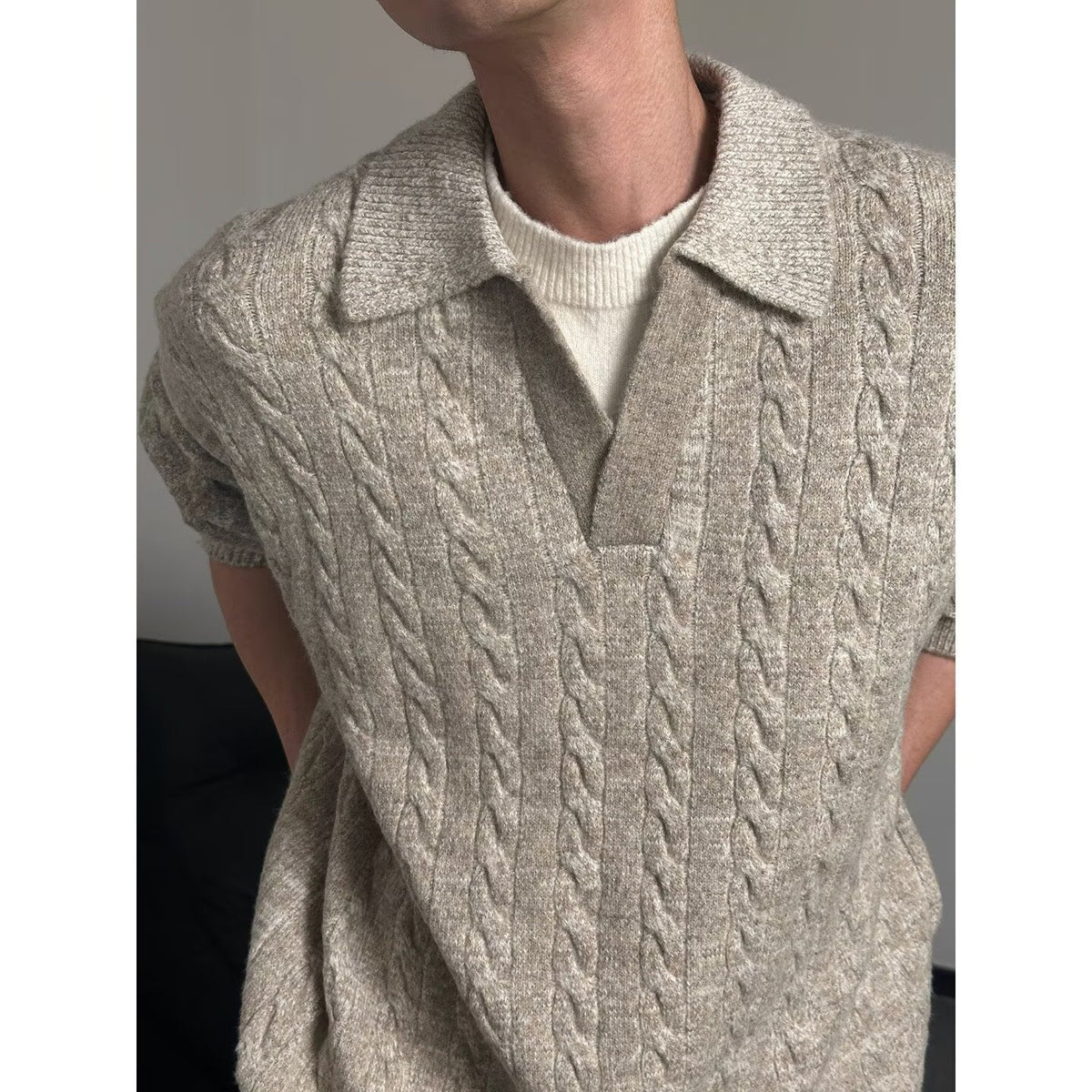 Men's Style Relaxed Fit Maillard Color Long Sleeve Turn-down Collar Pullover Knit Top