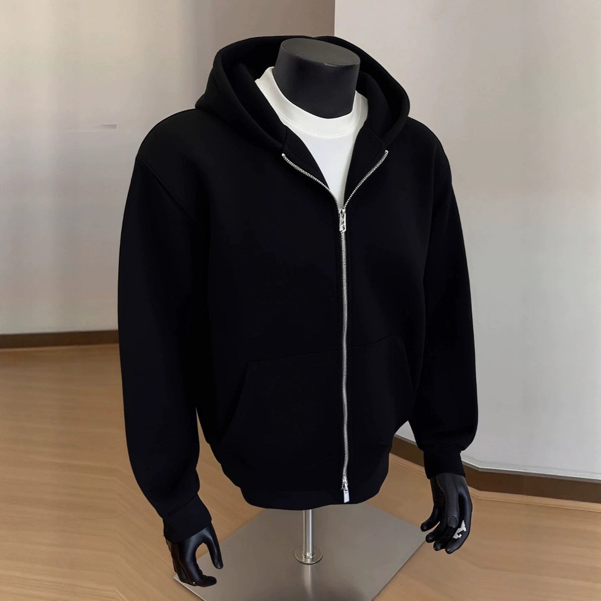 Men's Style Clean Fit Heavyweight Double Zipper Open Front Hoodie Jacket - Black