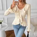 Women's Solid Color V-Neck Ruffle Slim Fit Casual T-Shirt