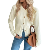 Solid Color Metal Button Short Knit Cardigan Sweater for Women